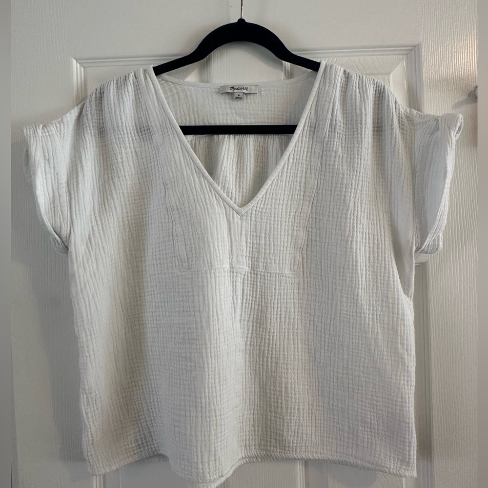 Madewell Lightspun Westing V-Neck Gauze Shirt Rolled Sleeve Clean Girl Beachy